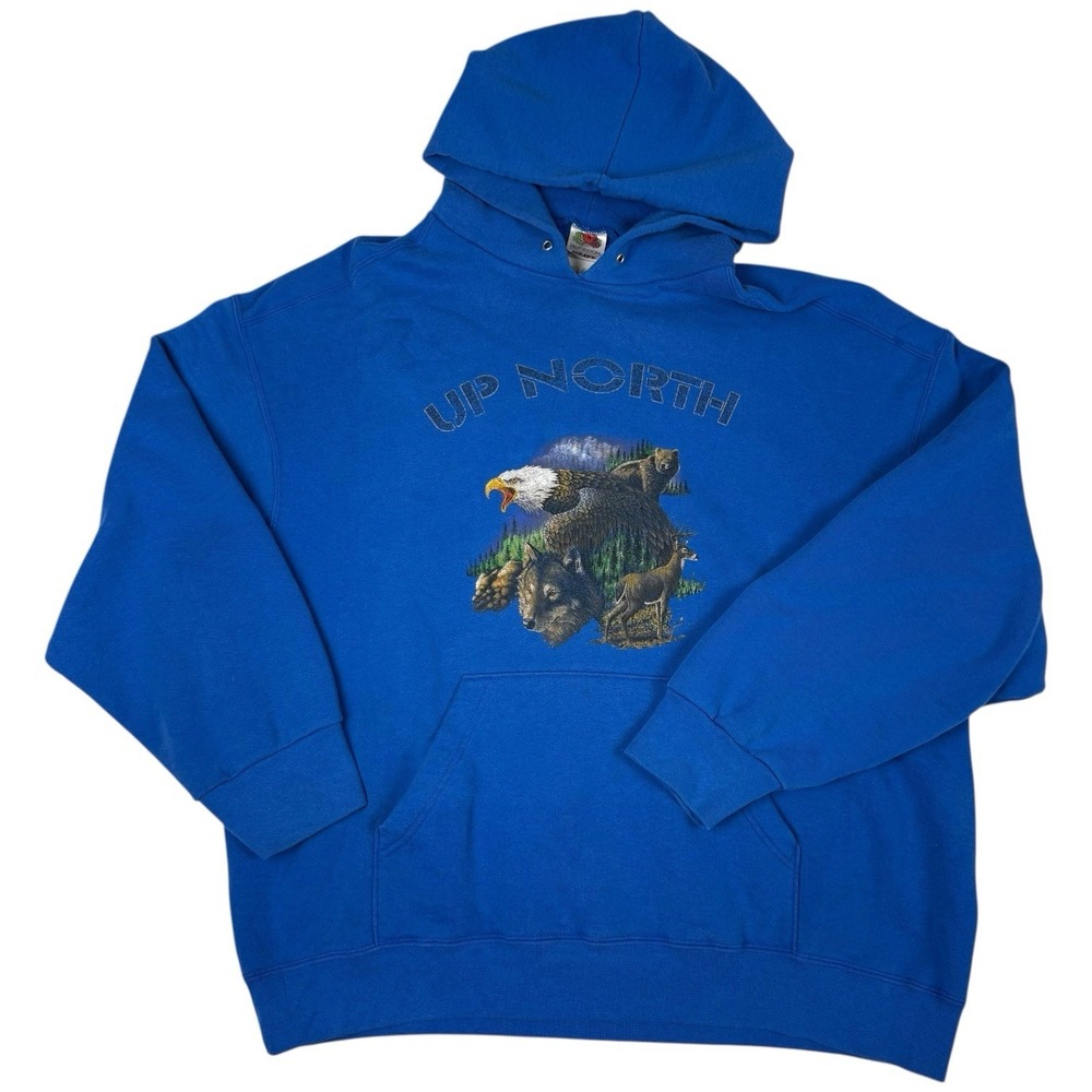 Vintage Fruit of the Loom Mens Wildlife Graphic Hoodie Size 2XL Blue Y2K Outdoor - Picture 12 of 16